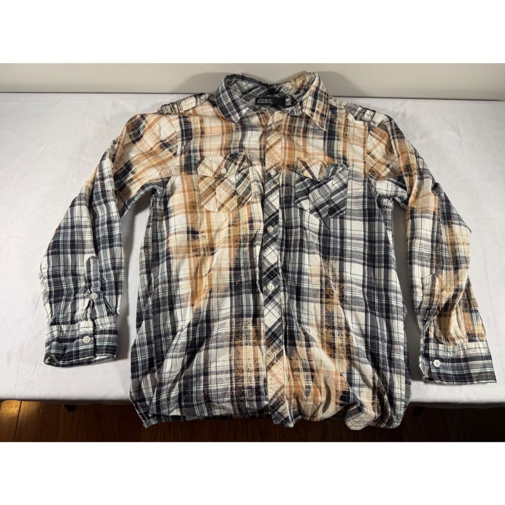 Jack Mens Bleached Plaid Button Down Shirt XL Black Tan Acid Wash Distressed